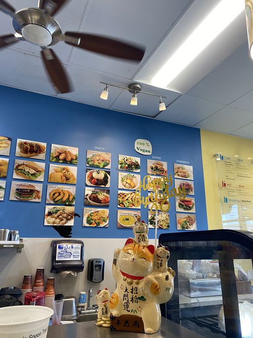 100% Vegan and Menu Items on Wall - Maneki Neko 💕  at Happiness Cafe in San Jose