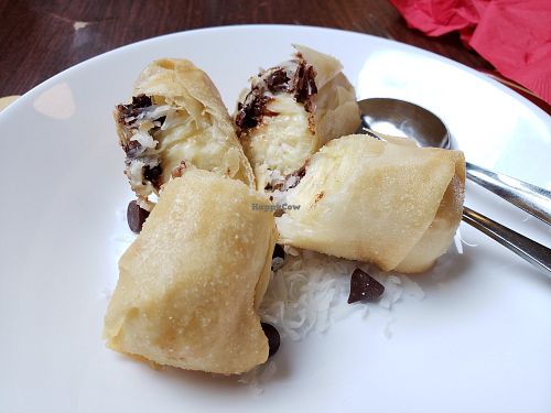 Banana coconut chocolate fried spring roll desert at Vegan Plate in Chicago