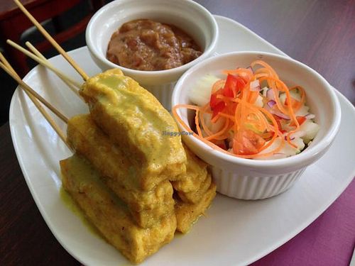 tofu satay with peanut sauce at Vegan Plate in Chicago