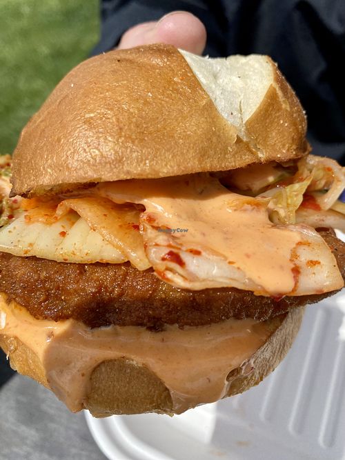 Kimchi fried chikn sandwich   at Kate's Food Truck in Jericho