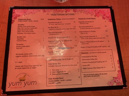 Veg menu at Yum Yum Noodle Bar in Kingston