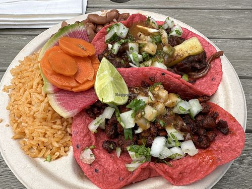 Alpastor taco, chorizo taco, beans & rice  at Rico Rico Vegano in Oakland