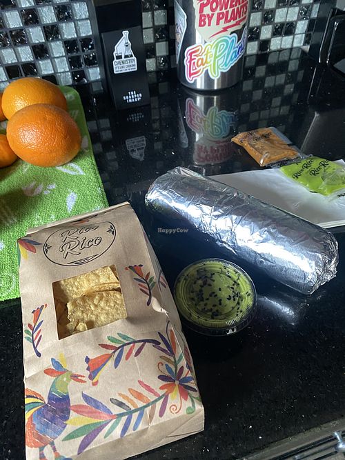 Vegan Burrito, Chips and Guacamole 🥑🥰  at Rico Rico Vegano in Oakland