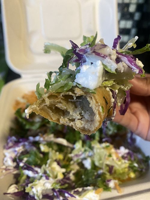 Close-Up of Vegan Flautas - Deliciosas! 😛 Super Satisfying 💕   at Rico Rico Vegano in Oakland
