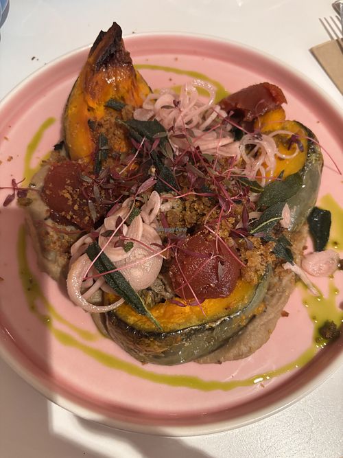Crown Prince squash, crispy sourdough breadcrumbs, chestnut purée, creamed Brussel sprouts, quince, sage, pickled shallots (vegan)  at Little Brunette Bakery in Southwell