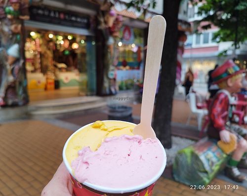 The only vegan option - strawberry 🍓 and mango 🥭 sorbet at Hans & Gretel in Sofia
