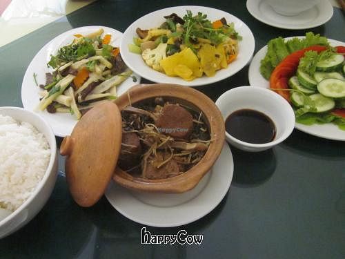 Sauteed Catfish, Sauteed 12 Vegetables, Bamboo & Mushroom, Tomato & Cucumber Salad at Nang Tam in Hanoi