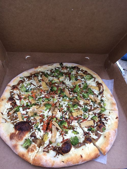 the Manchurian candidate (the pizzas have movie names )  at Reel Pizza Cinerama in Bar Harbor