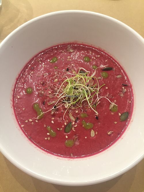 Sopa fria del dia. Esta era de remolacha, aguacate, albahaca.... brutal  at Bionectar in Girona