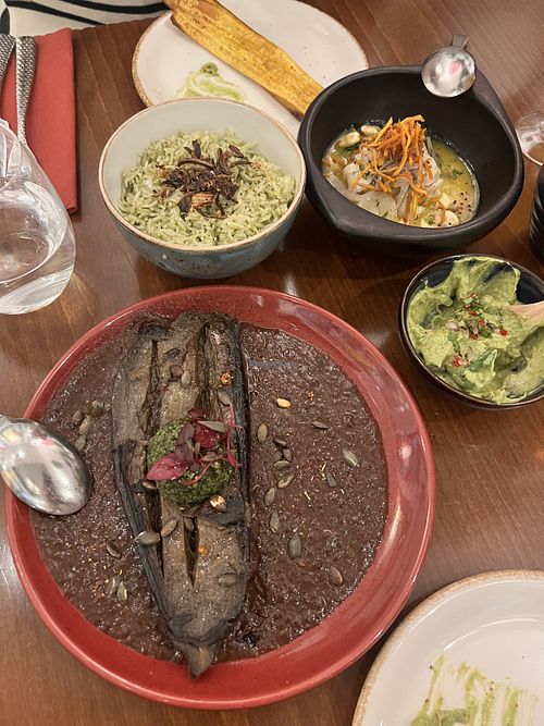 Roast aubergine, green herb rice, palm of hearts ceviche, guacamole  at Paladar in South East London