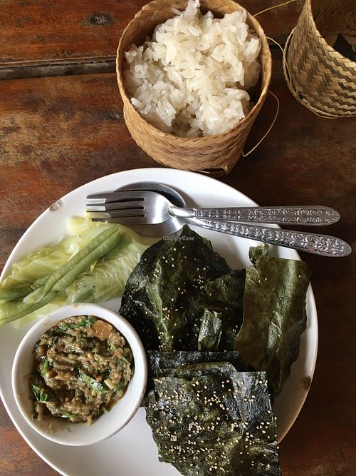 Fried riverweed with sticky rice and eggplant dip (breakfast menu)  at Ma Ma Alex Restaurant in Nong Khiaw