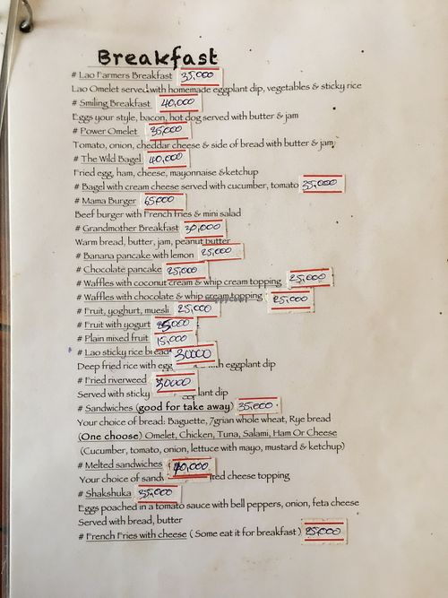 Breakfast menu (as of March 2023)  at Ma Ma Alex Restaurant in Nong Khiaw