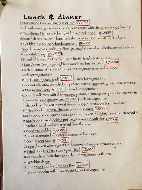 Lunch and dinner menu (as of March 2023)  at Ma Ma Alex Restaurant in Nong Khiaw