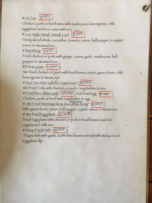 Second page of the lunch and dinner menu (as of March 2023)  at Ma Ma Alex Restaurant in Nong Khiaw