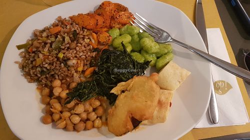 Farro, chickpeas, gnocchi, spinach, carrots, tempura veggies at Ops Cucina Mediterranea in Rome