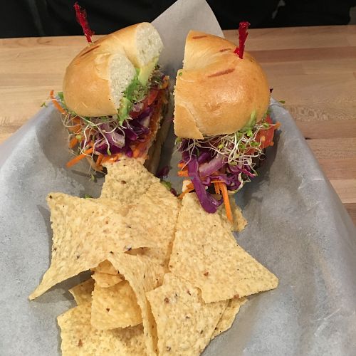 Tempeh burger with vegan cheese..yummy.. but slightly small  at Sprouts Natural Foods Cafe in South Lake Tahoe