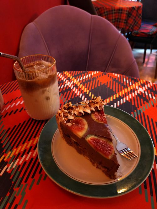 Ice latte with banana milk, chocolate and figues cake at Stricha in Tbilisi
