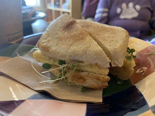 Beyond breakfast sandwich on sourdough English muffin, with sausage and Just Egg  at Crumhorn Coffee House in Oneonta
