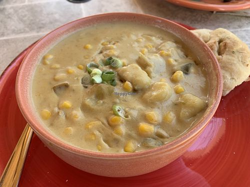 Corn chowdah!  at Crumhorn Coffee House in Oneonta