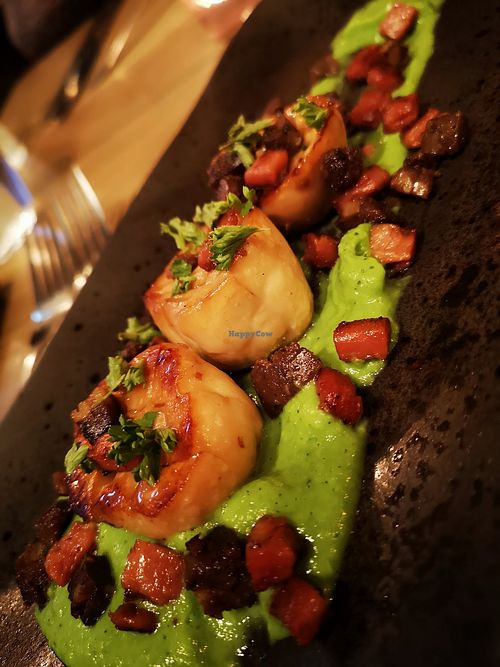 King oyster mushroom 'scallops' with b*con, vegan black pudding and minted pea puree at Reishi Plant Kitchen in Worcester