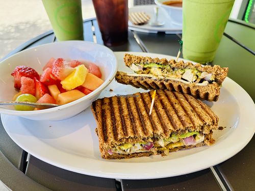 Caribbean Panini with vegan provolone and vegan chicken, fresh fruitt  at Something Healthy Cafe in Sierra Madre