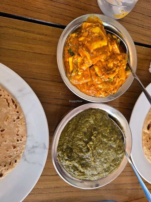 Paneer curry and spinach curry at Vegetarian Jaimal's Bhojan Bhandar in Hawthorn