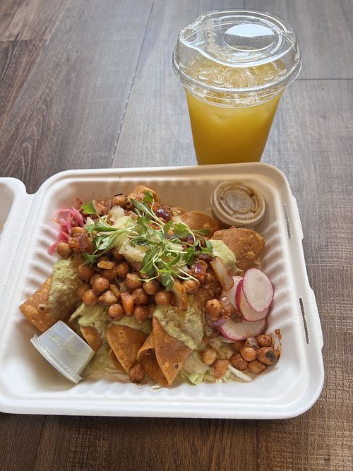 Garbanzo al pastor taquitos, mango agua fresca   at Tito's Taquitos in Portland