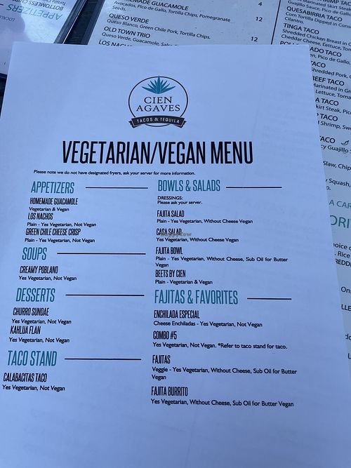Clearly labeled veg options, no lard in beans they make them here the waiter confirmed   at Cien Agaves in Scottsdale