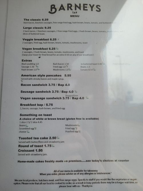 Menu at Barneys TA9 in Highbridge