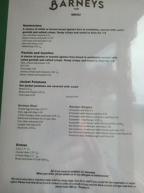 Menu at Barneys TA9 in Highbridge