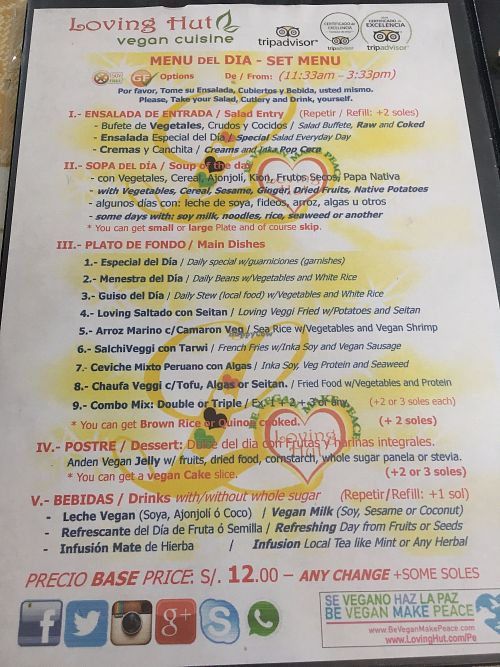 Menu at Loving Hut - Titikaka in Puno