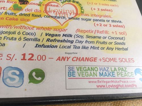 Menu at Loving Hut - Titikaka in Puno