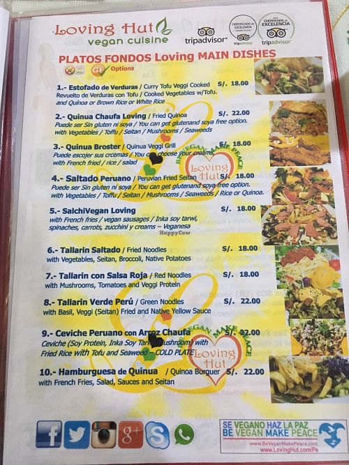 a la carte menu at Loving Hut - Titikaka in Puno