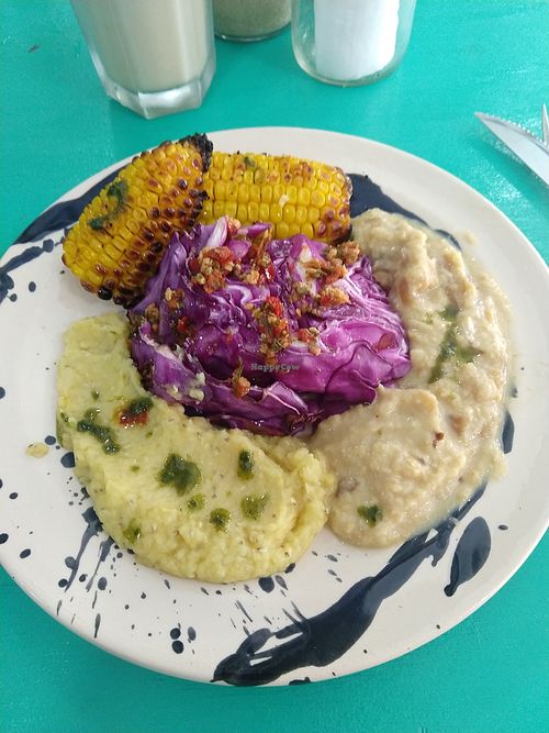 Cabbage, creamy lentils, hummus, grilled corn at Arrebato Cafe in Buenos Aires