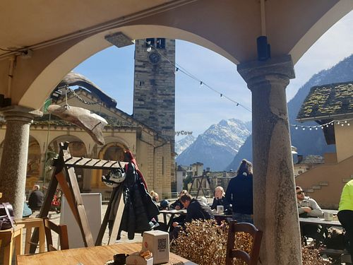 View from a table under the portico at Caffè delle Guide in Alagna Valsesia
