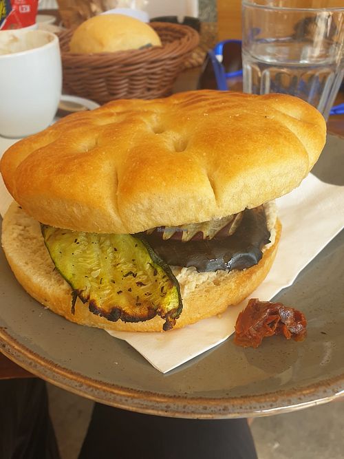 Foccacia panini with roast aubergine and hummus at Caffè delle Guide in Alagna Valsesia