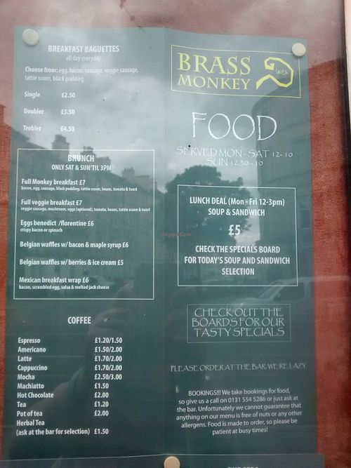Menu at Brass Monkey Leith in Edinburgh