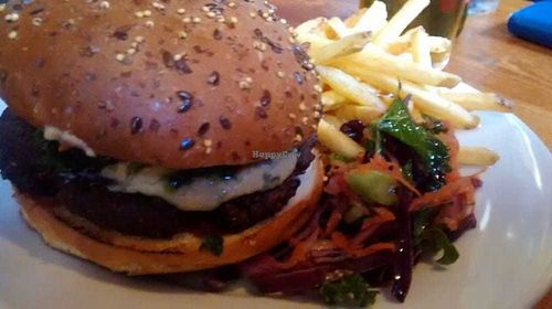 Vegan burger with chips at Brass Monkey Leith in Edinburgh