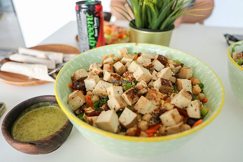 Moroccan bowl with extra marinated tofu and chimichurri dressing at Sprout in Muscat