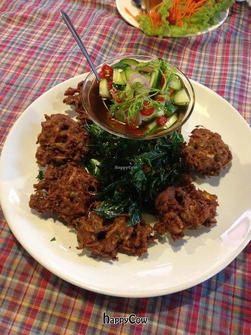 Banana Blossom Cakes (not really cake) an appetiser  Delicious  at Brown Rice Organic Bistro in Chiang Mai