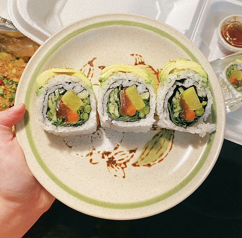 Some pieces of their veggie lovers roll! So many ingredients and all veggie/ vegan!!!  at Umi Sushi & Grill in Grand Rapids