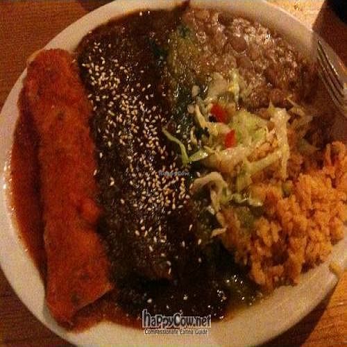 Veggie Trio Enchiladas Combination Plate: 1 Blue Corn Avacado, 1 Entrijolada w/mole & 1 Tofu at Ranchos Cocina in San Diego