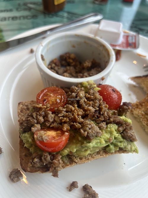 Avocado toast with impossible burger on it. Heinz 57 mixed into impossible Burger to add flavor    at Vacation Cafe in Nassau