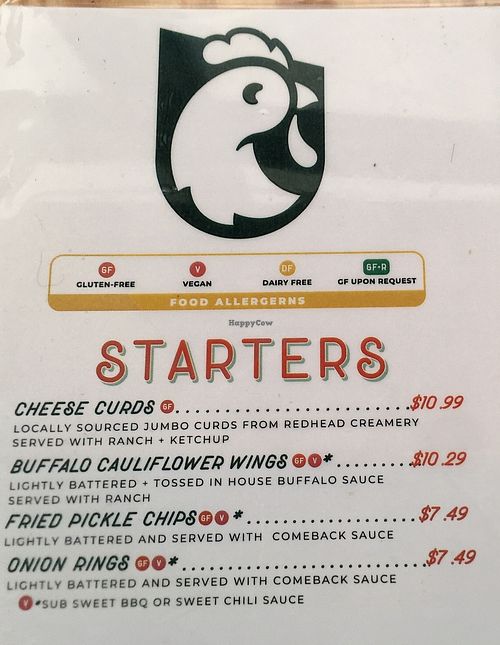 Menu clearly denotes vegan options   at Brew Bird in Fargo