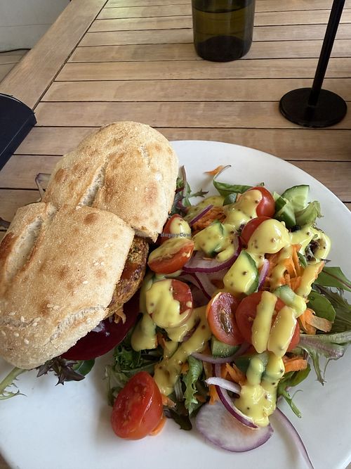 Vegan Burger with salad (this one has honey mustard: no completely vegan dressing exists)  at Barney's Cafe in Bookham