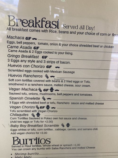 Breakfast menu items  at Pokez in San Diego