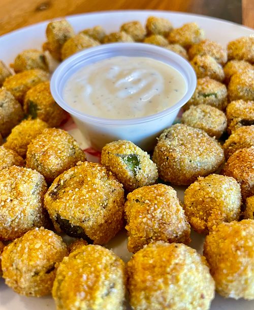 Vegan fried okra. Dairy free ranch at Girls Gone BBQ in Fayetteville