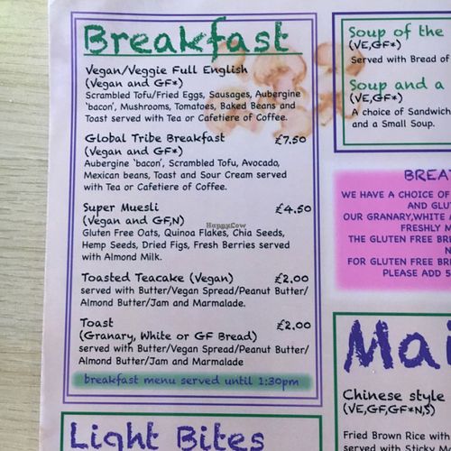 breakfast menu at Global Tribe Cafe in Leeds