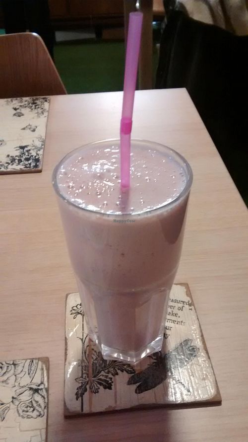 Strawberry vegan shake at Global Tribe Cafe in Leeds