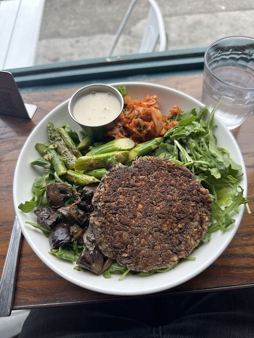 Bowl with plant-based patty  at Kitava in Oakland